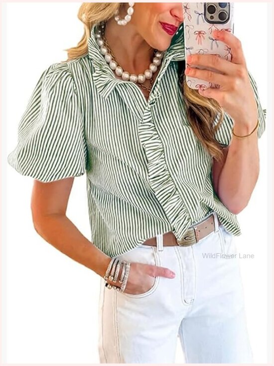 Tops - Puffy Sleeve Button Down Blouse Ruffle Shirt Work Top